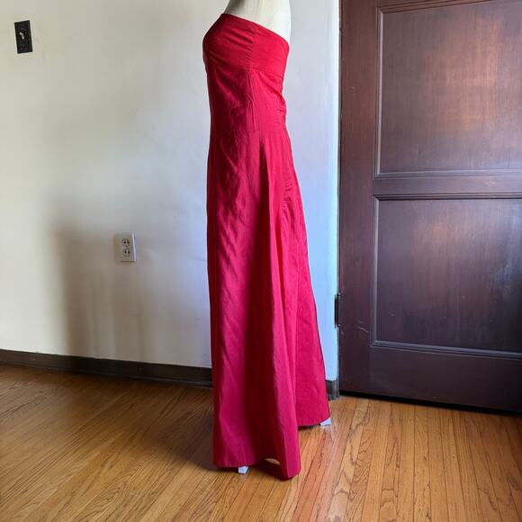 ENVERS | Cherry Red Raw Silk Midi Length Fit and Flare Strapless Gown | Size 4-6 - Picture 2 of 4